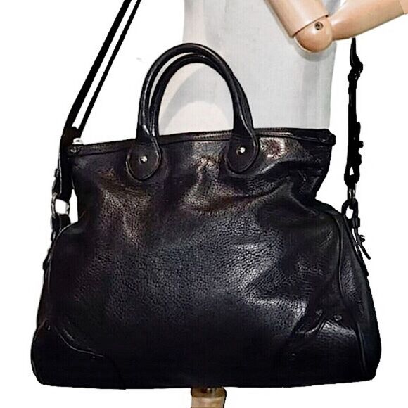 WBALLY Black Leather Trainspotting Work Tote w/ Black Striped Crossbody Strap - Picture 1 of 16